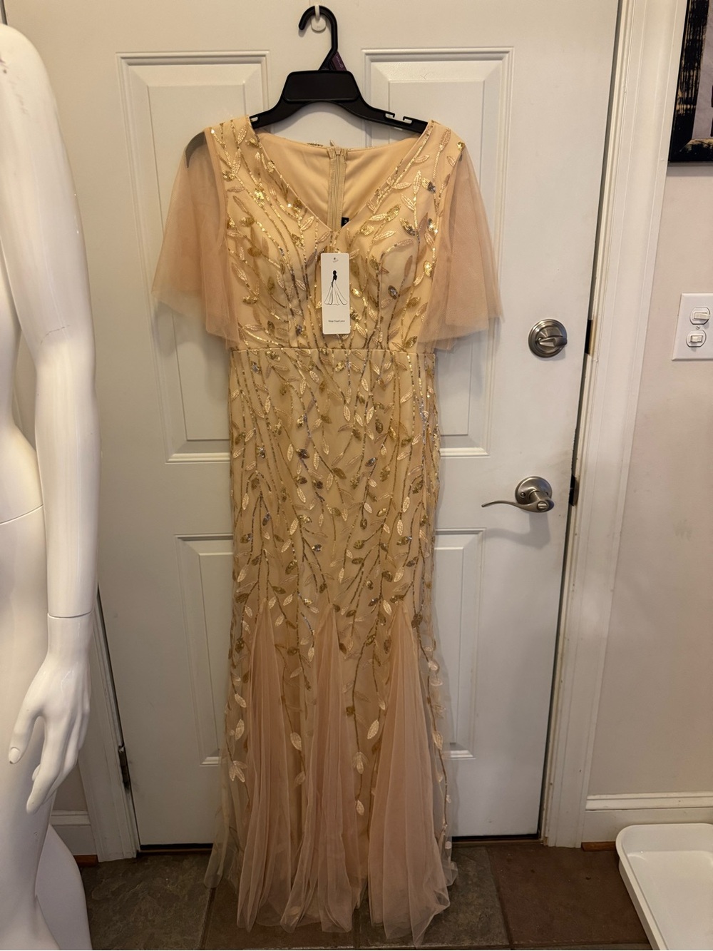 New Wear Your Live Embellished Champagne Evening Dress with Sheer Cape Sleeves